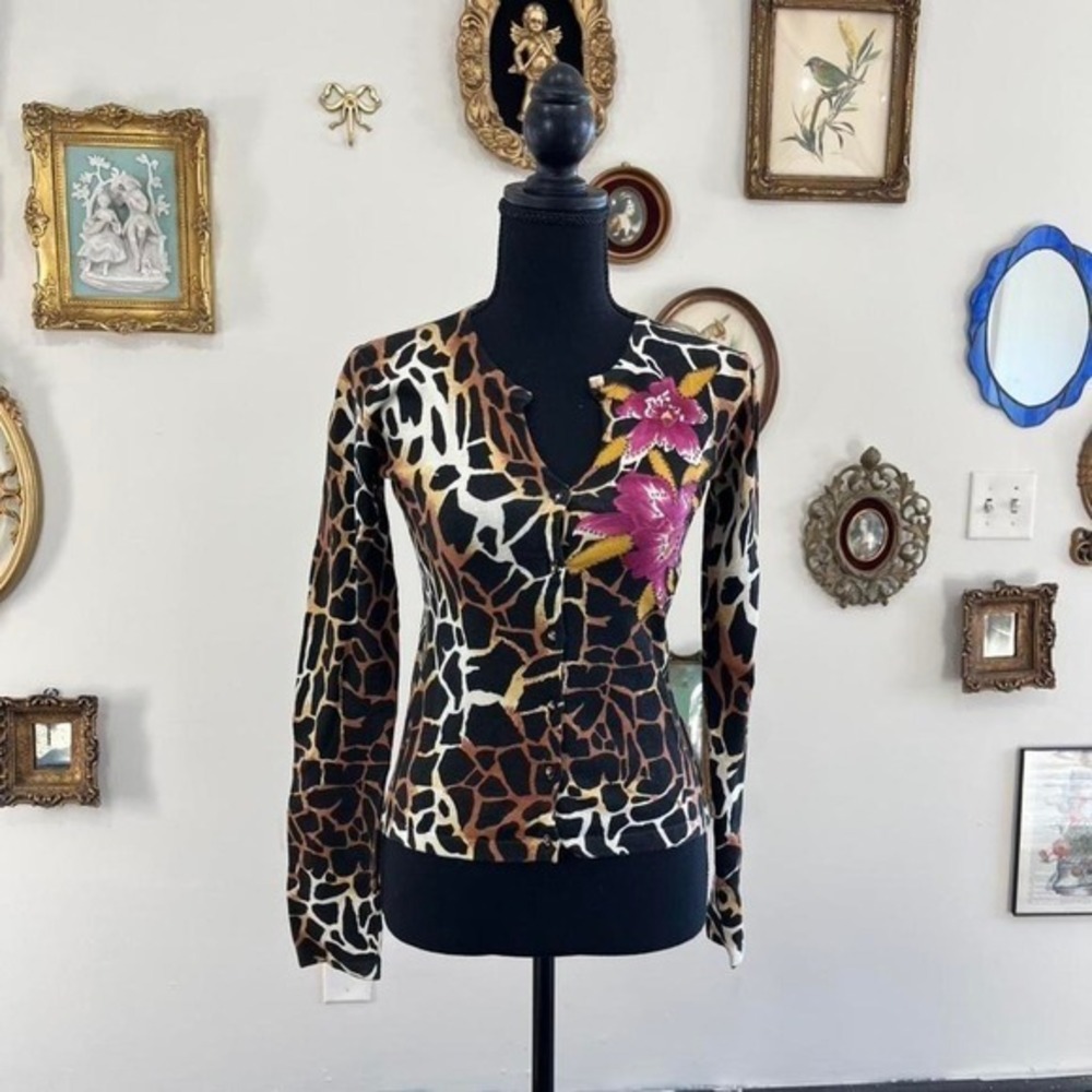 Vintage Charlotte Floral Giraffe‎ Print Button-Up Cardigan